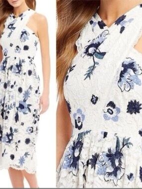 Tahari White Midi Dress with Blue Floral Lace
